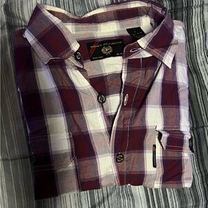 Phat Farm Men's Purple and White Plaid Shirt